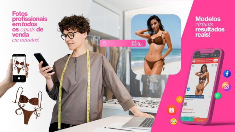 FotoModel gera imagens por inteligência artificial para mostrar todas as variações das suas peças com rapidez.