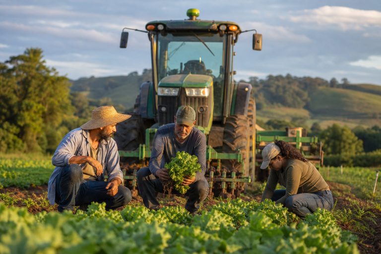 Trabalhadores operam máquinas agrícolas em uma propriedade de agricultura familiar no Brasil