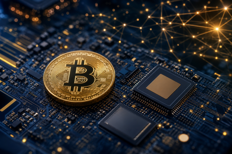 Ilustração editorial de Bitcoin ao lado de componentes eletrônicos e circuitos de semicondutores